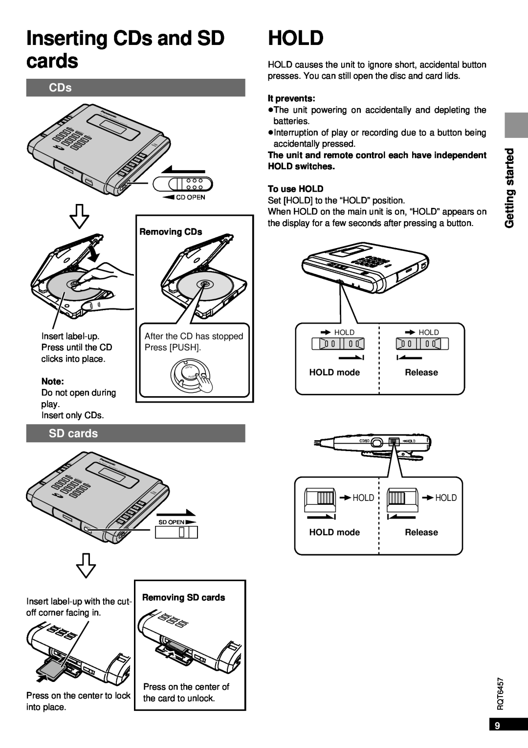 Panasonic SV-SR100 operating instructions Inserting CDs and SD cards, Hold, started 