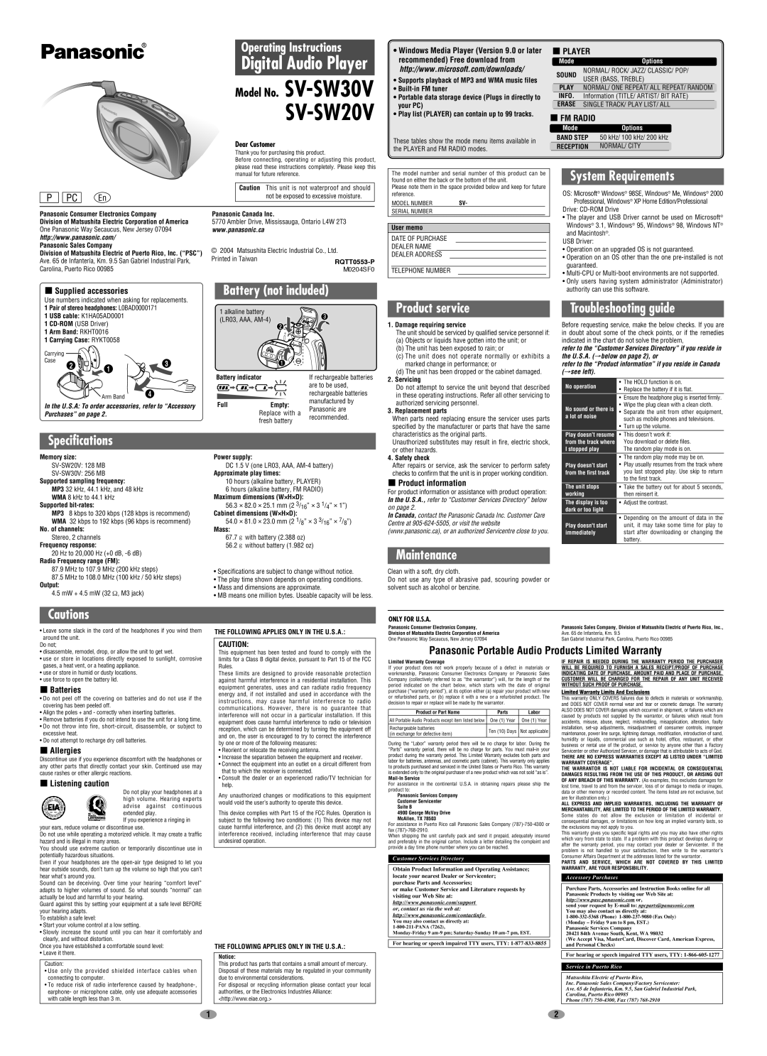 Panasonic SV-SW30V operating instructions System Requirements, Battery not included, Product service, Maintenance 