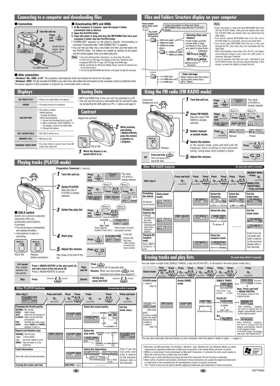 Panasonic SV-SW20V, SV-SW30V Displays Saving Data Using the FM radio FM Radio mode, Contrast, Playing tracks Player mode 