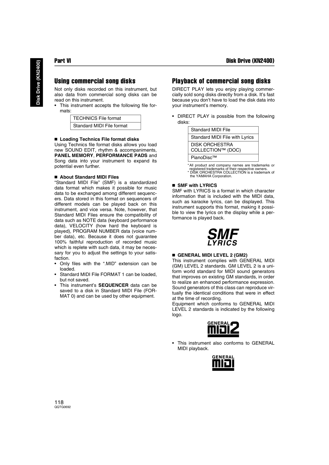 Panasonic SX-KN2600, SX-KN2400 Using commercial song disks, Playback of commercial song disks, General Midi Level 2 GM2 