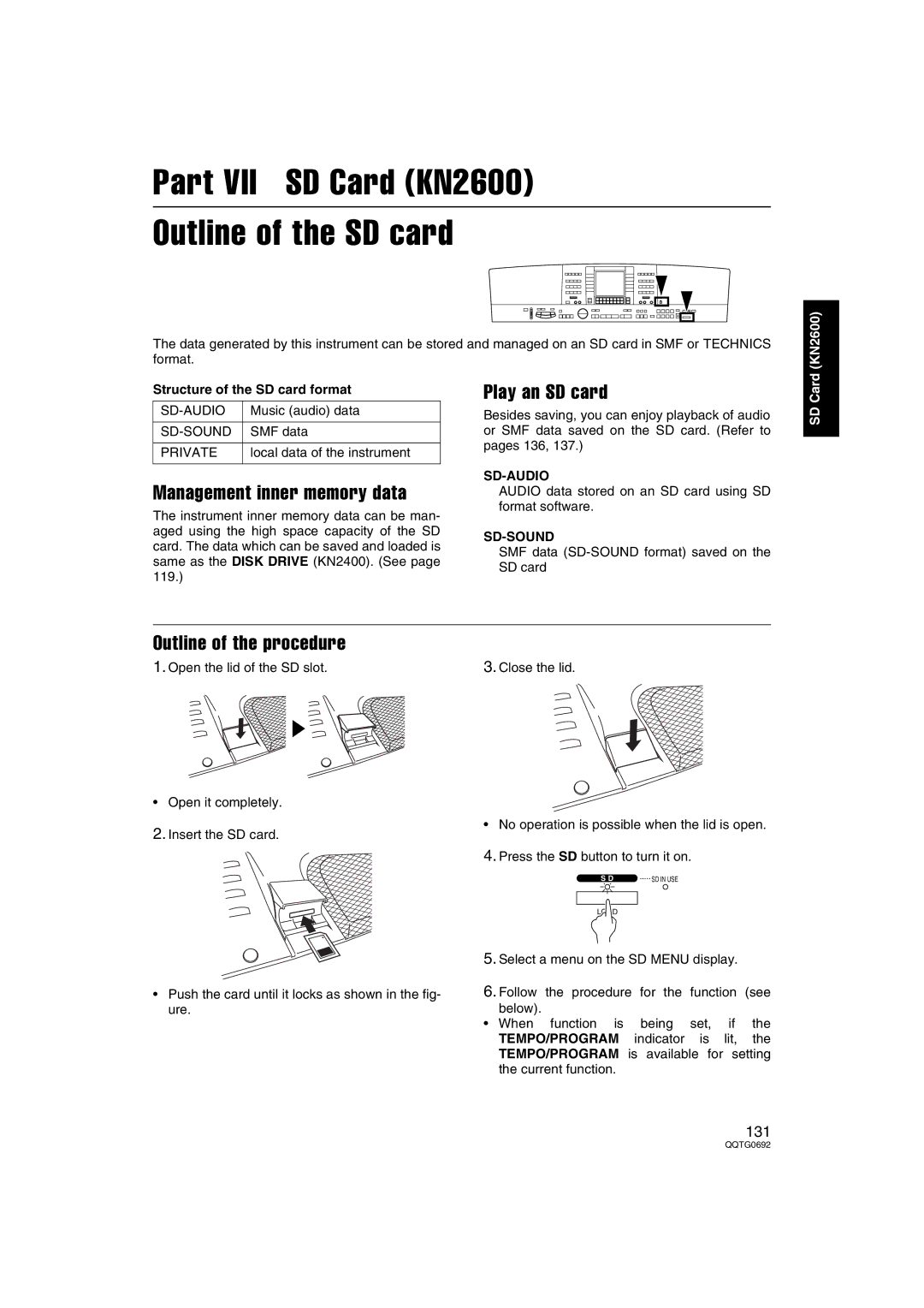 Panasonic SX-KN2400 manual Part VII SD Card KN2600 Outline of the SD card, Management inner memory data, Play an SD card 