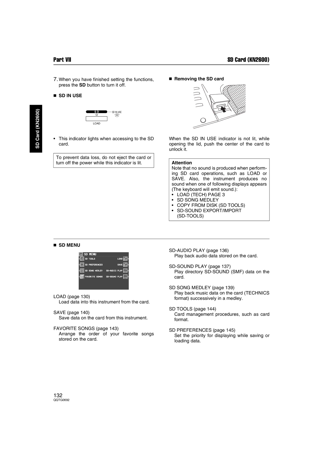 Panasonic SX-KN2600, SX-KN2400 manual Removing the SD card, SD in USE, SD Menu 