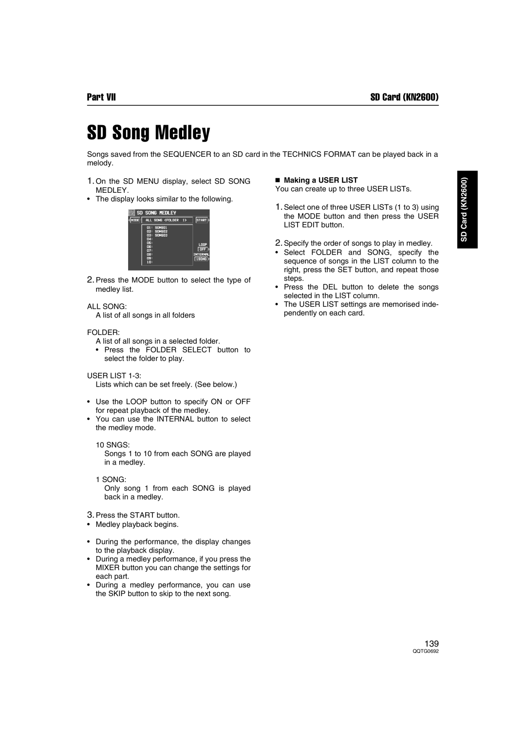 Panasonic SX-KN2400, SX-KN2600 manual SD Song Medley, ALL Song, Making a User List 