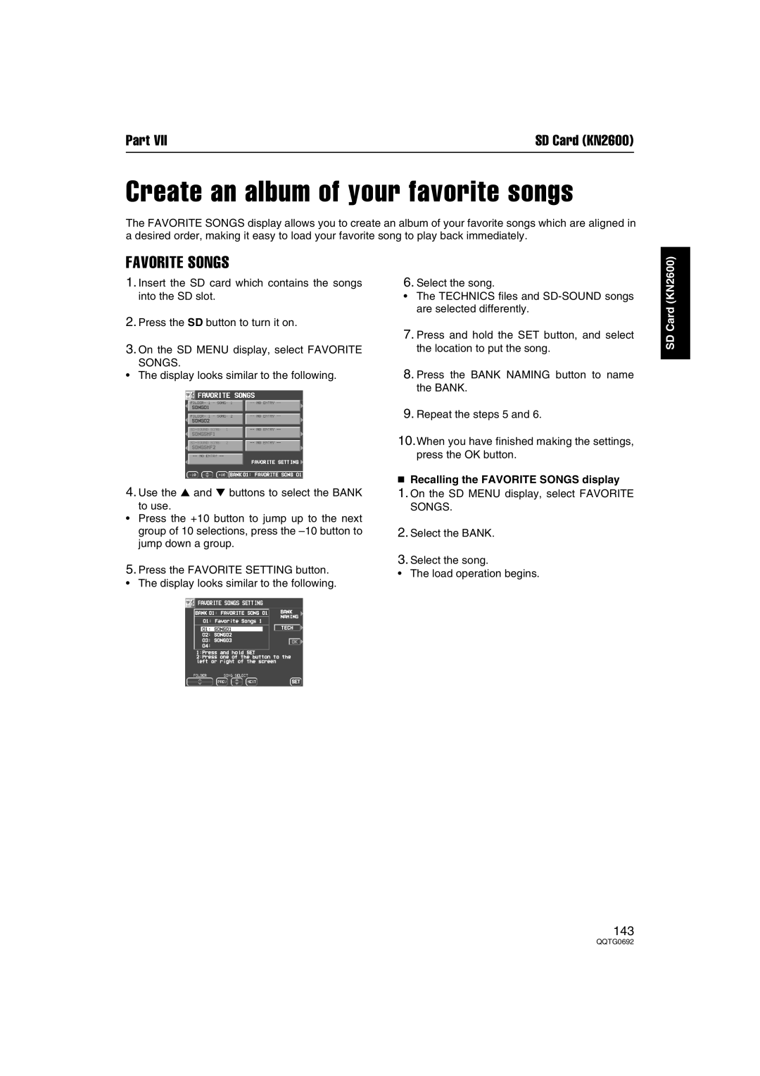 Panasonic SX-KN2400, SX-KN2600 manual Create an album of your favorite songs, Recalling the Favorite Songs display 