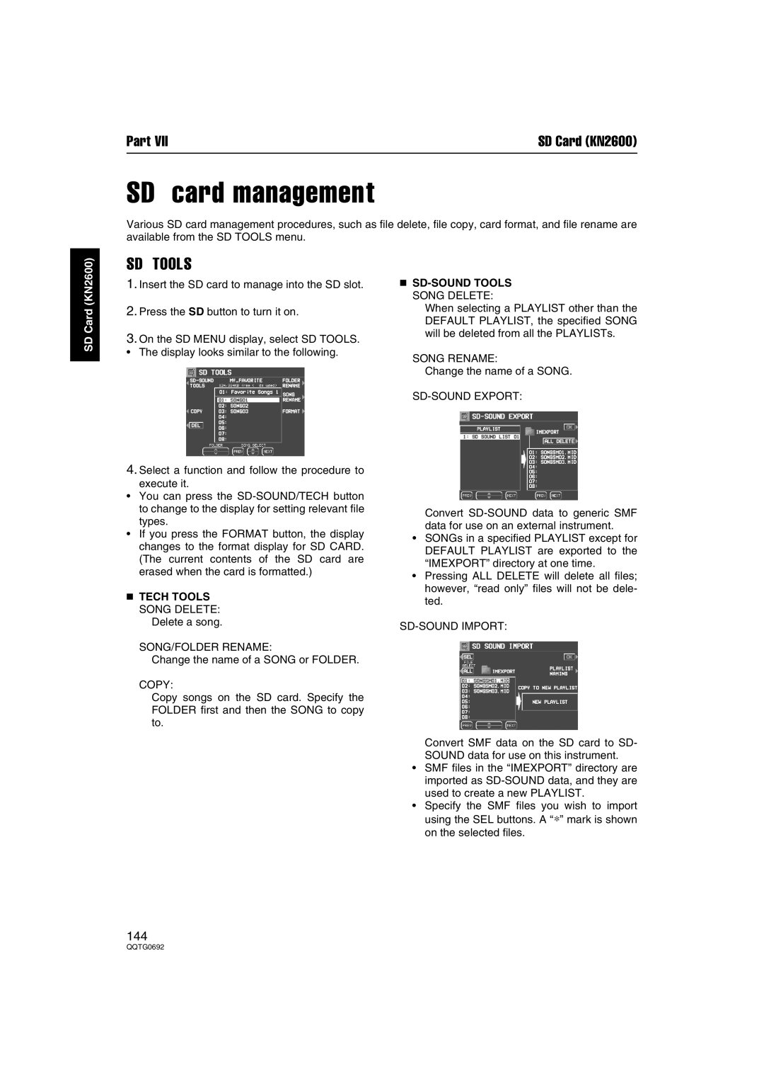 Panasonic SX-KN2600, SX-KN2400 manual SD card management, SD Tools, Tech Tools Song Delete, SD-SOUND Tools Song Delete 