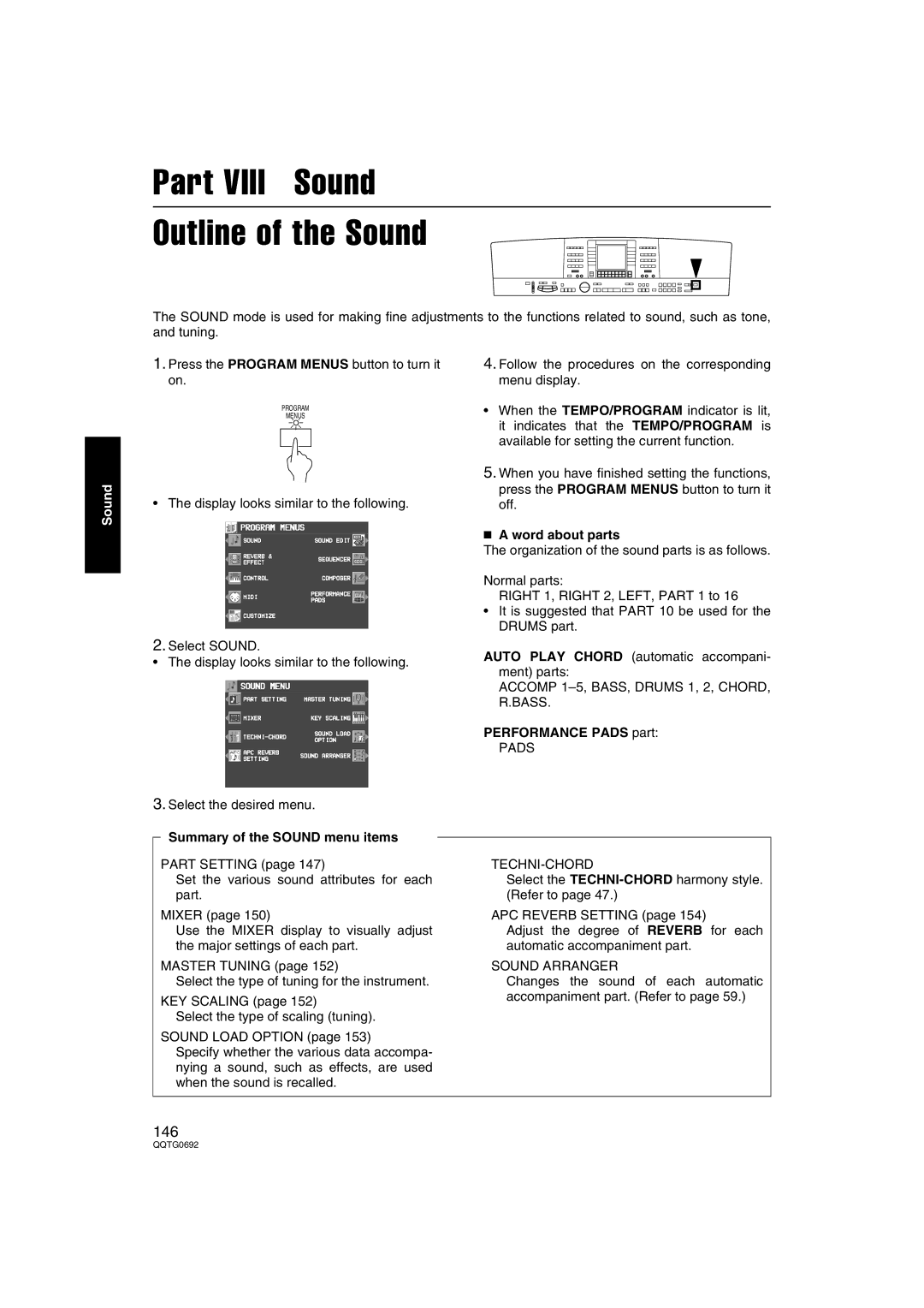 Panasonic SX-KN2600, SX-KN2400 Part Viii Sound Outline of the Sound, Summary of the Sound menu items, Word about parts 