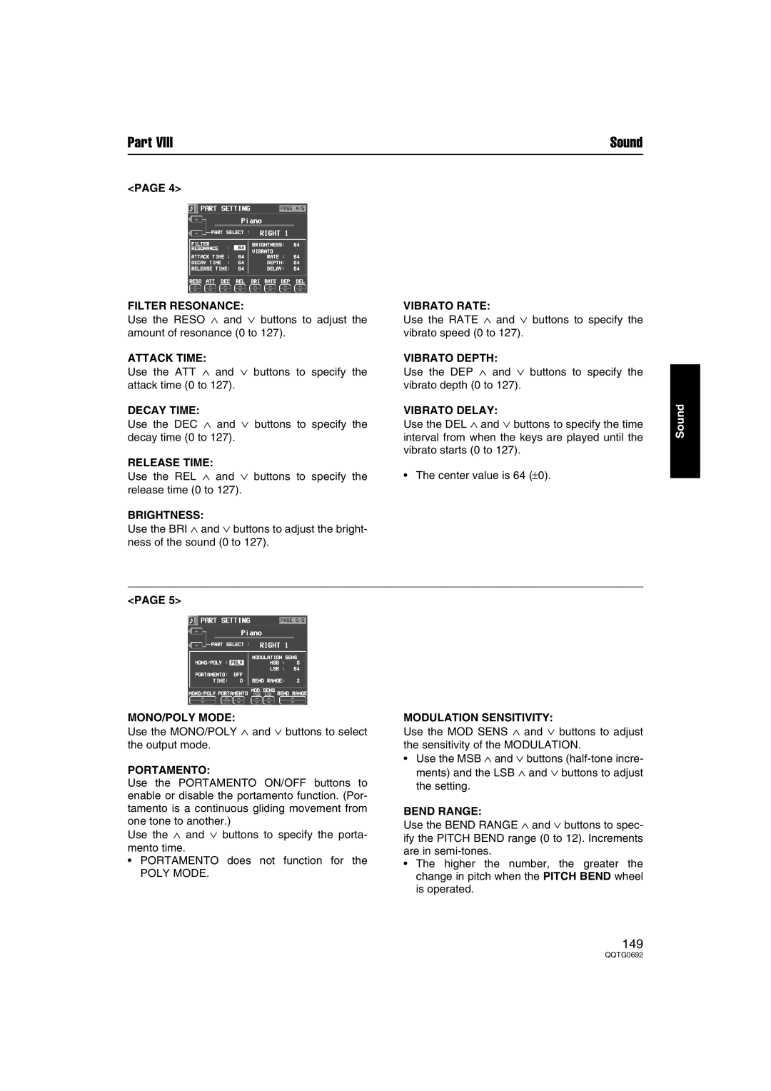 Panasonic SX-KN2400 manual Filter Resonance, Attack Time, Decay Time, Release Time, Brightness, Vibrato Rate, Vibrato Depth 