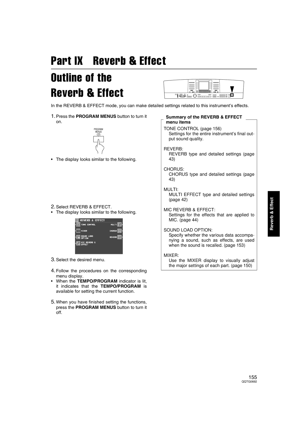 Panasonic SX-KN2400 Part IX Reverb & Effect Outline, Summary of the Reverb & Effect menu items, MIC Reverb & Effect, Mixer 