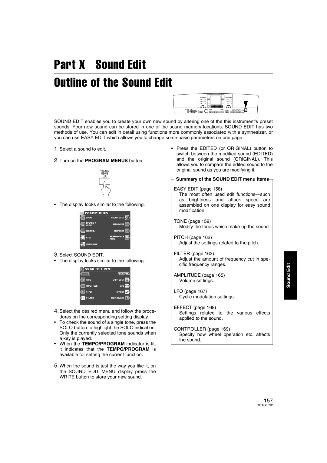 Panasonic SX-KN2400, SX-KN2600 manual Part X Sound Edit Outline of the Sound Edit, Summary of the Sound Edit menu items 