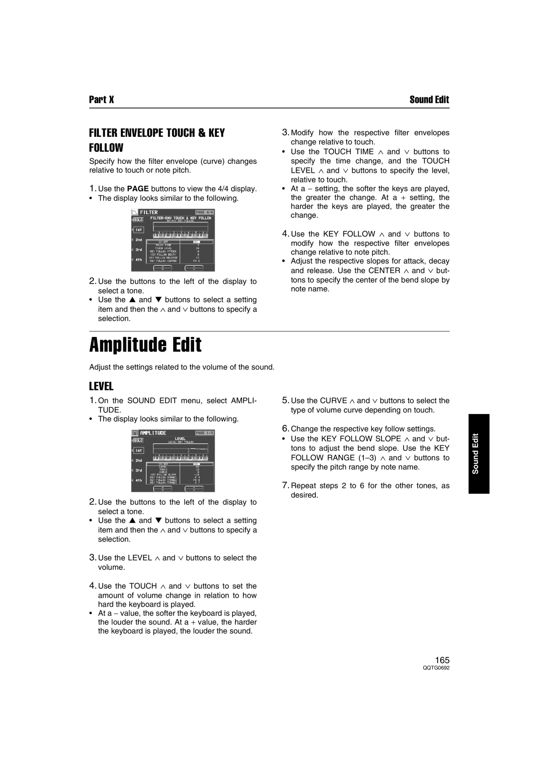 Panasonic SX-KN2400, SX-KN2600 manual Amplitude Edit, Filter Envelope Touch & KEY Follow, Level, Tude 