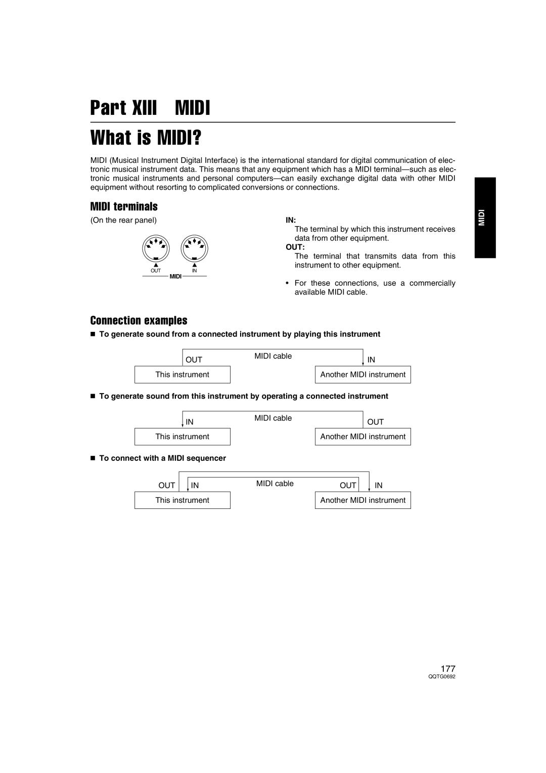 Panasonic SX-KN2400, SX-KN2600 manual Part Xiii Midi What is MIDI?, Midi terminals, Connection examples, Out 