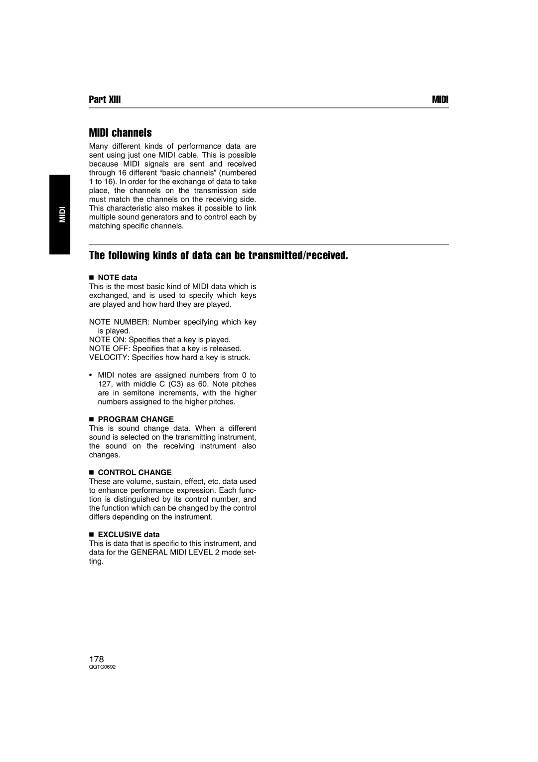 Panasonic SX-KN2600 Midi channels, Following kinds of data can be transmitted/received, Program Change, Control Change 