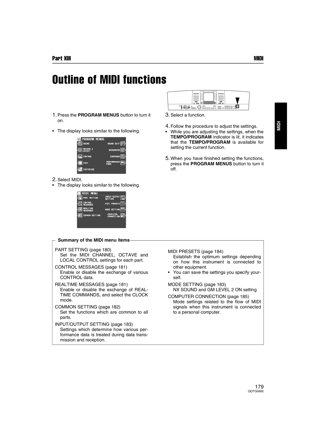 Panasonic SX-KN2400, SX-KN2600 manual Outline of Midi functions, Summary of the Midi menu items 