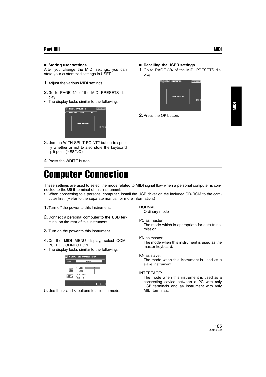 Panasonic SX-KN2400 Computer Connection, Storing user settings, Recalling the User settings, Puter Connection, Interface 