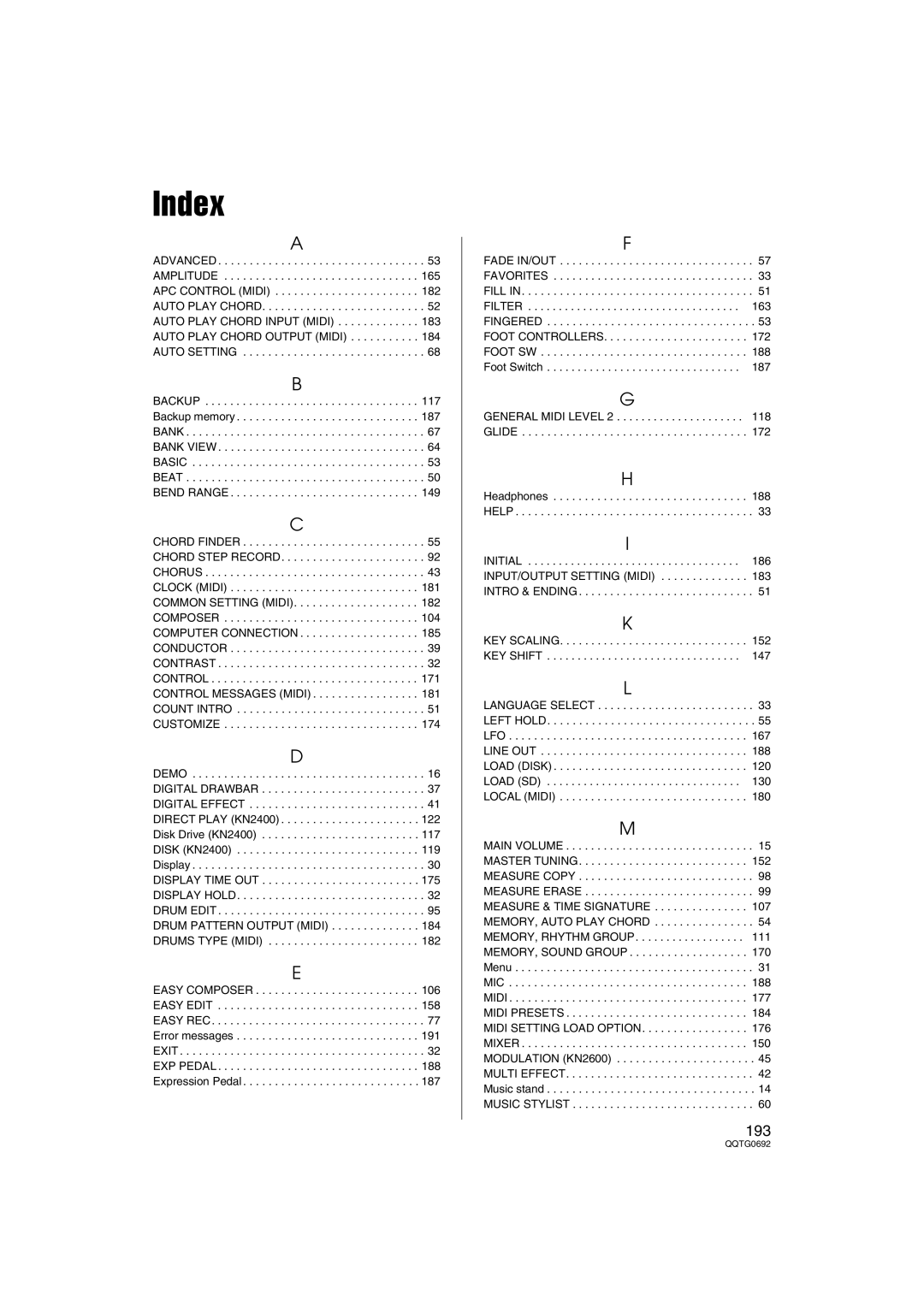 Panasonic SX-KN2400, SX-KN2600 manual Index, 193 