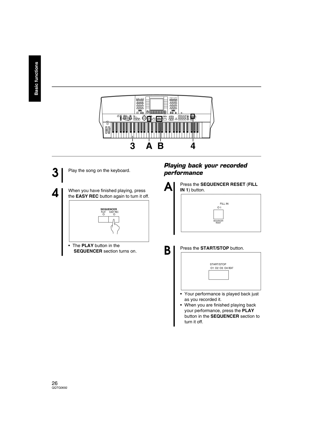 Panasonic SX-KN2600, SX-KN2400 manual Play the song on the keyboard, Press the Sequencer Reset Fill 