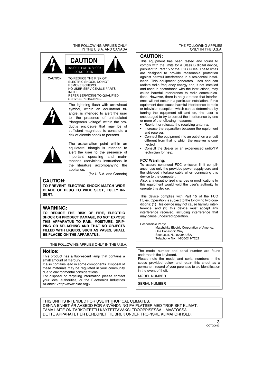 Panasonic SX-KN2400, SX-KN2600 manual FCC Warning, Following Applies only U.S.A. and Canada 