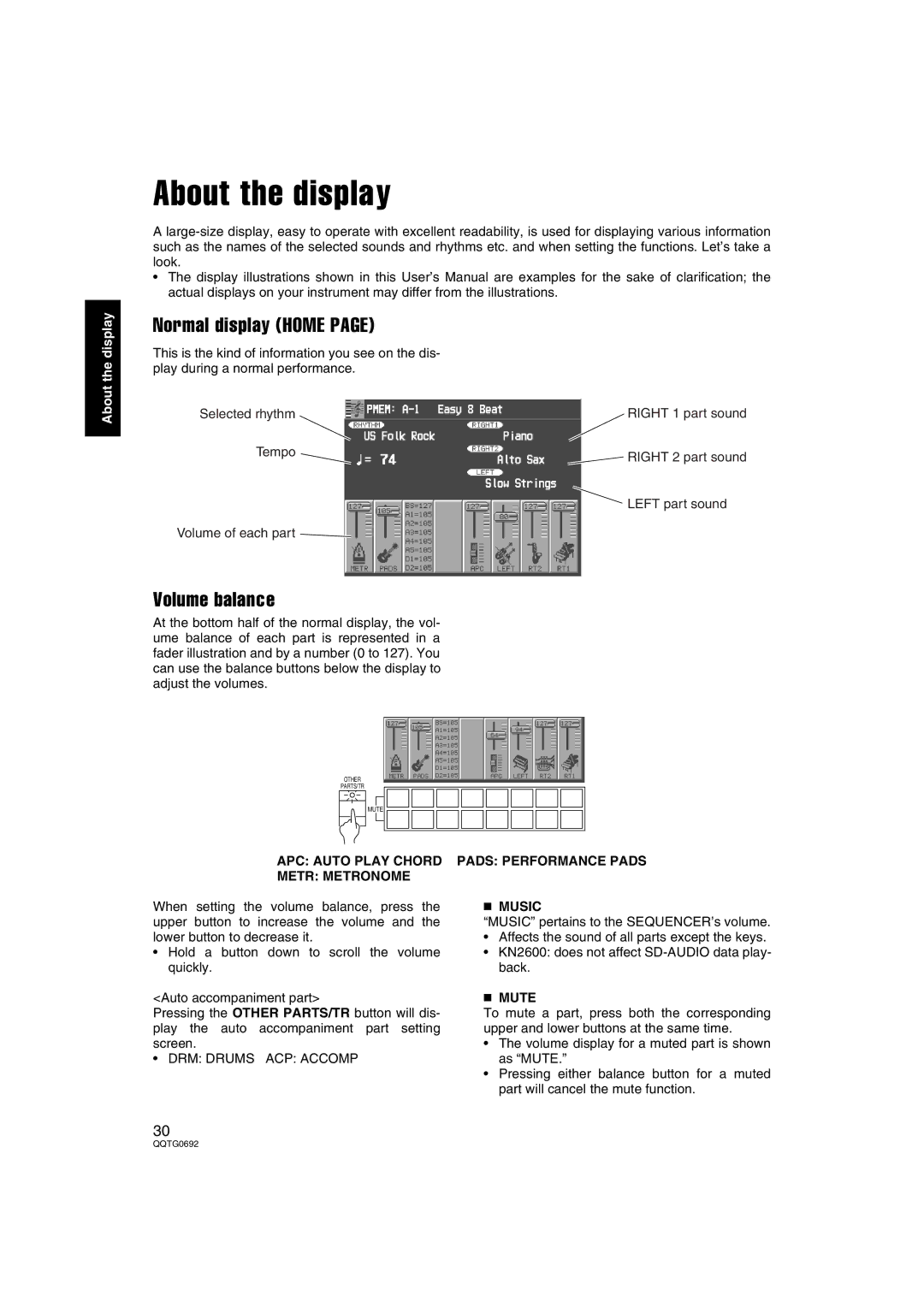 Panasonic SX-KN2600, SX-KN2400 manual About the display, Normal display Home, Volume balance 