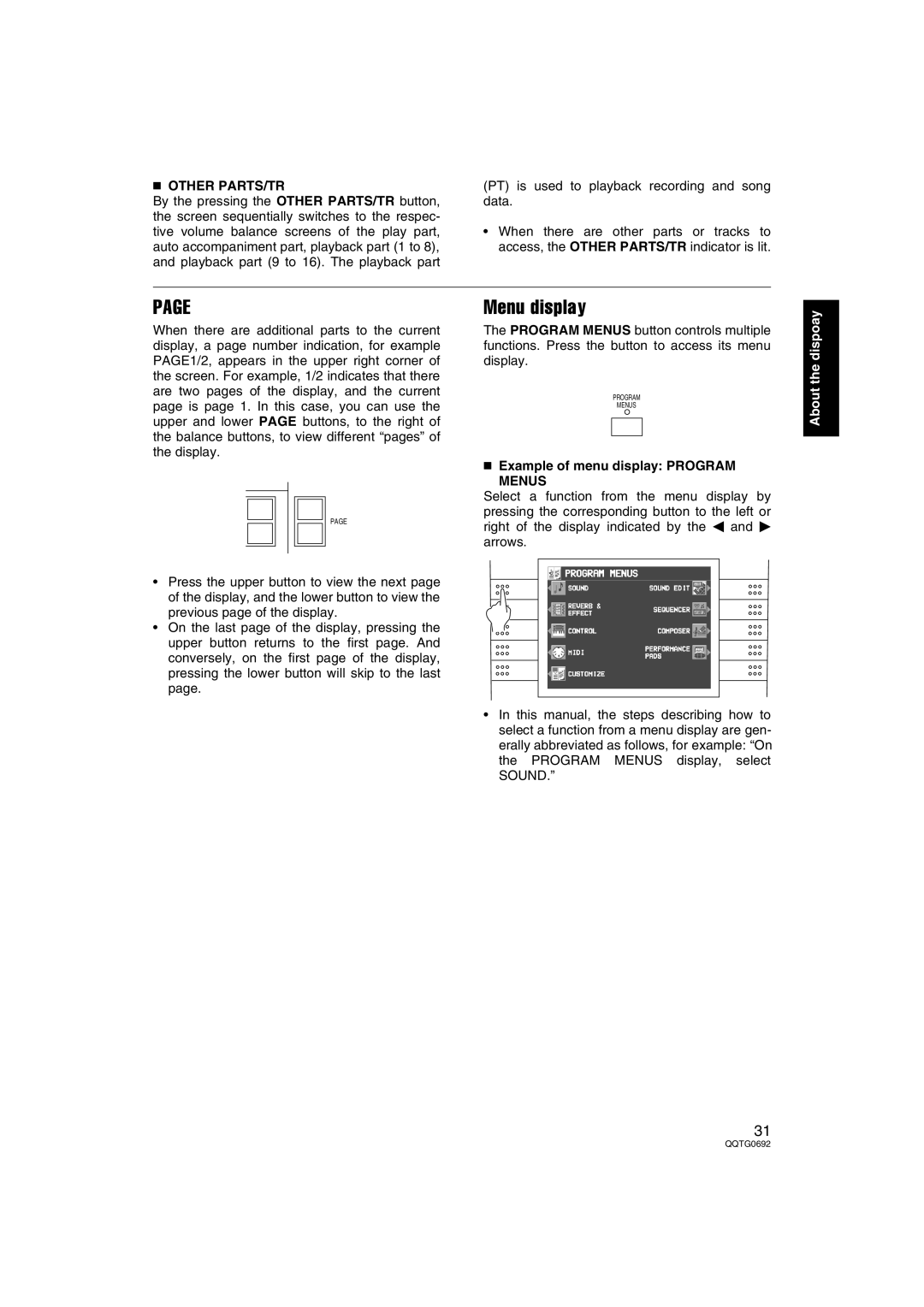 Panasonic SX-KN2400, SX-KN2600 manual Menu display, Other PARTS/TR, Example of menu display Program Menus 