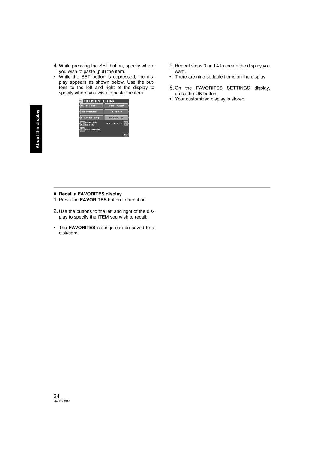 Panasonic SX-KN2600, SX-KN2400 manual Recall a Favorites display 