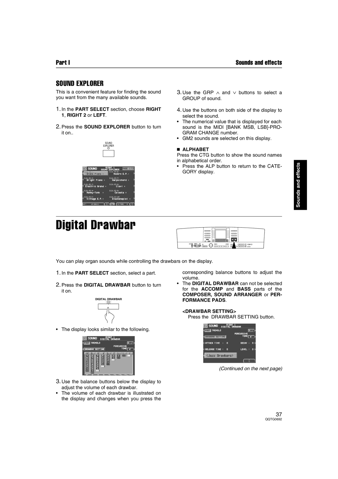 Panasonic SX-KN2400, SX-KN2600 manual Digital Drawbar, Sound Explorer, Alphabet, Formance Pads Drawbar Setting 