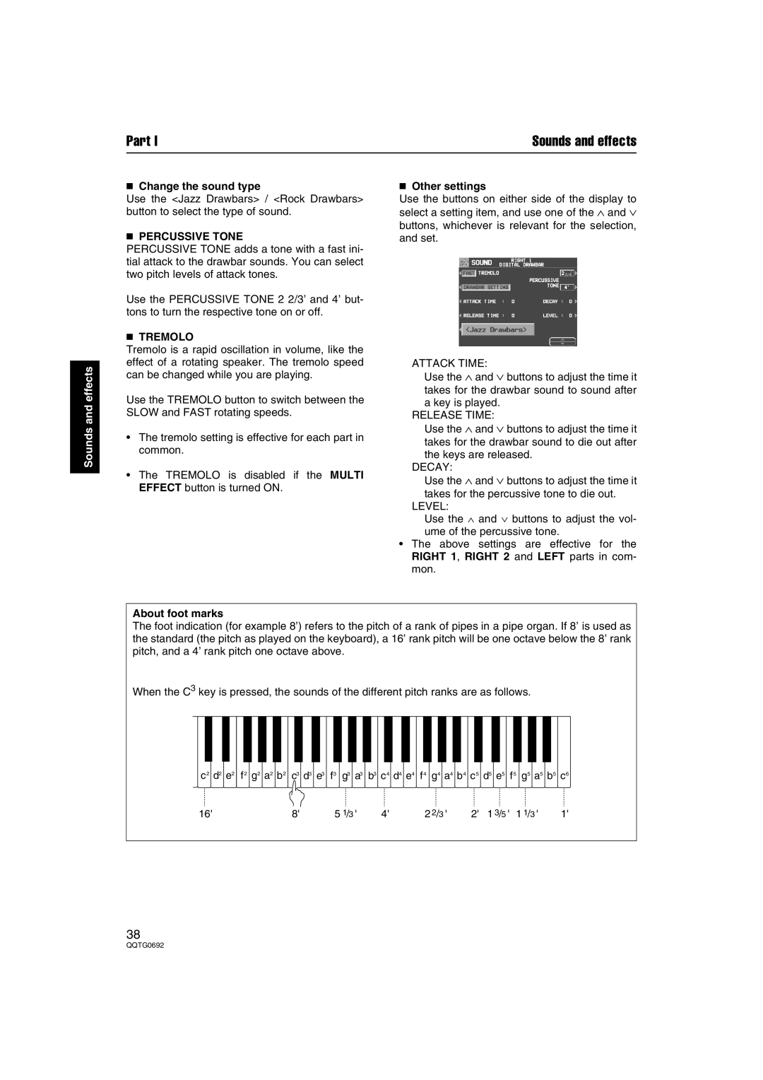 Panasonic SX-KN2600, SX-KN2400 manual Change the sound type, Percussive Tone, Tremolo, Other settings, About foot marks 