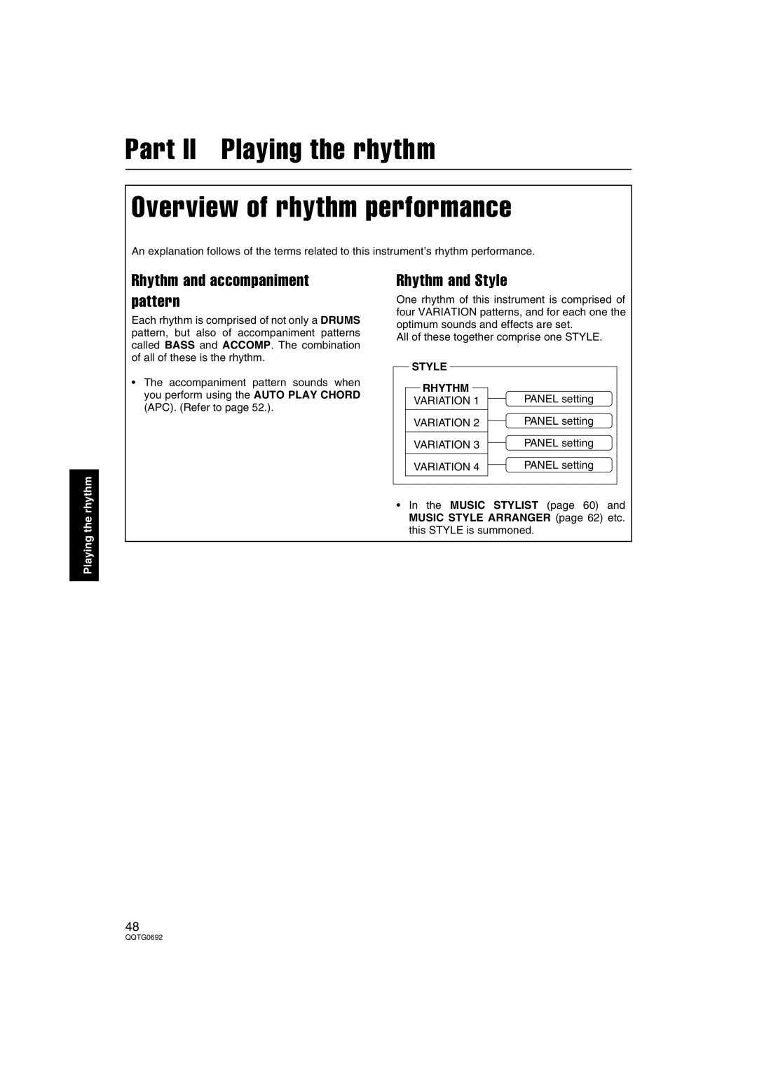 Panasonic SX-KN2600 Part II Playing the rhythm Overview of rhythm performance, Rhythm and accompaniment pattern, Style 