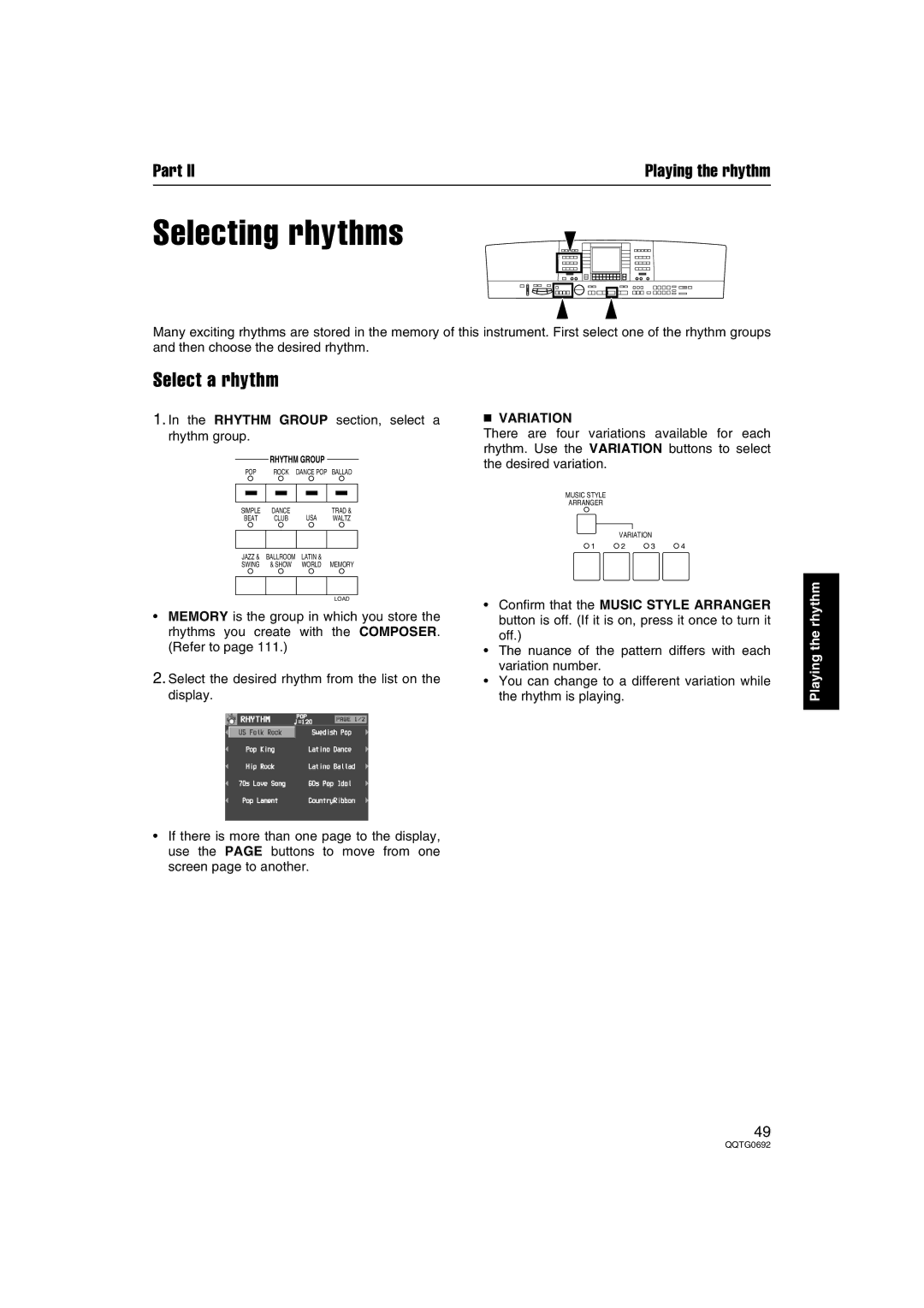 Panasonic SX-KN2400, SX-KN2600 manual Selecting rhythms, Select a rhythm, Variation 