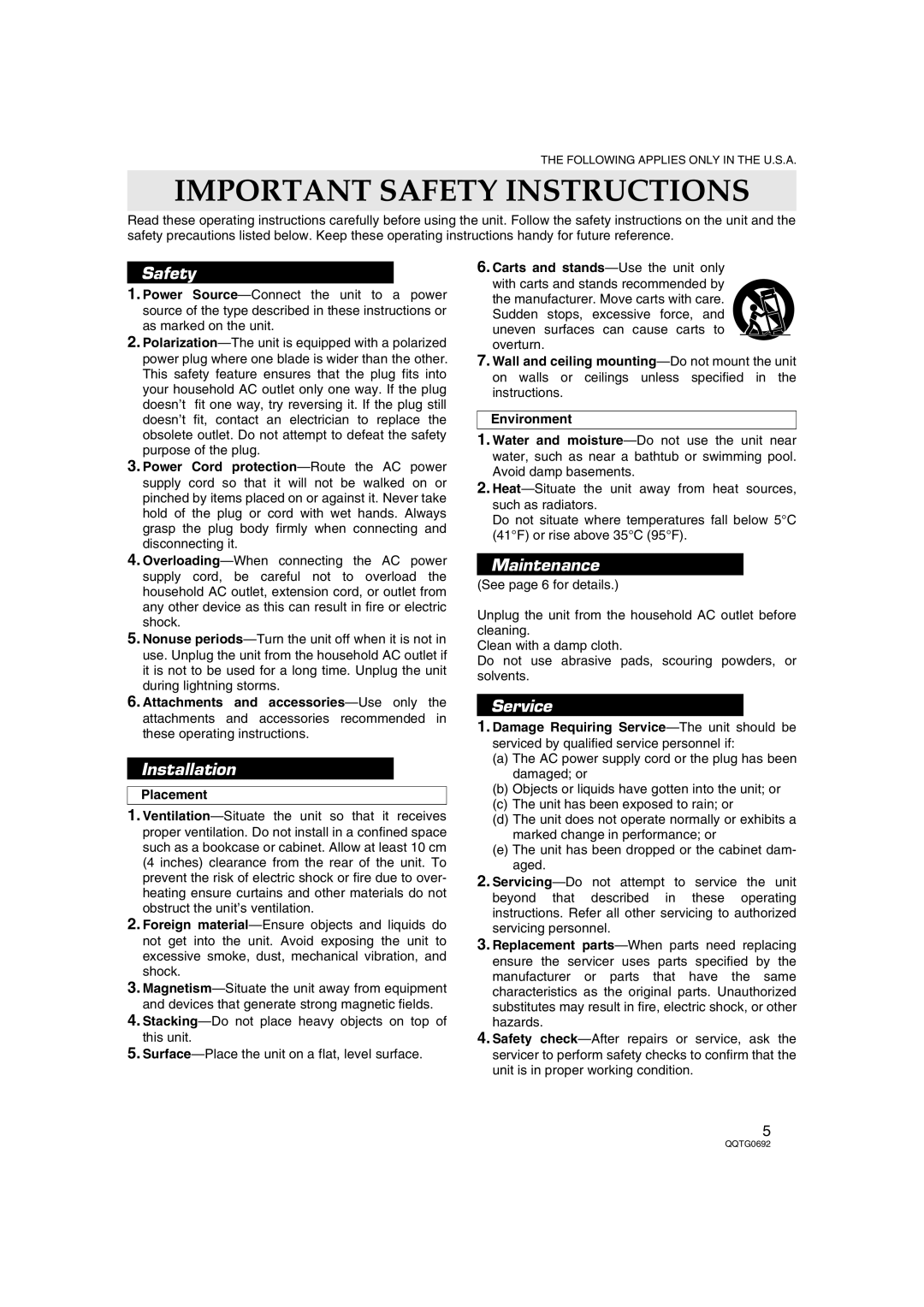 Panasonic SX-KN2400, SX-KN2600 manual Important Safety Instructions, Placement 