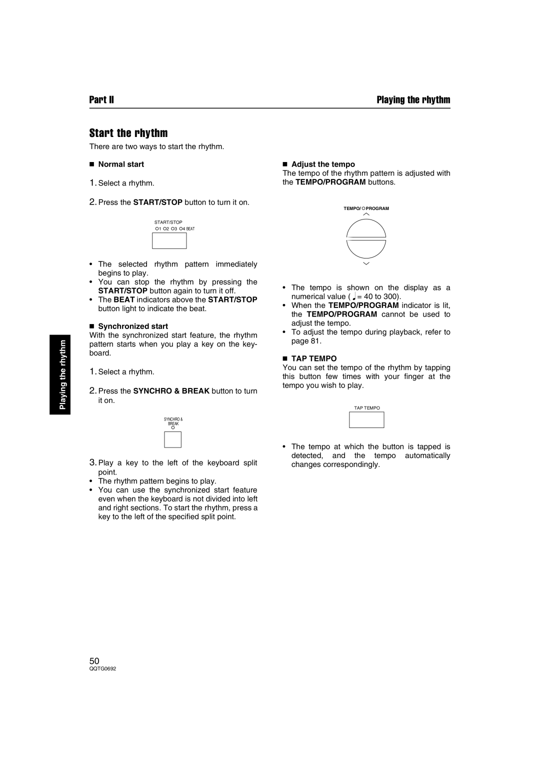 Panasonic SX-KN2600, SX-KN2400 manual Start the rhythm, Normal start, Synchronized start, Adjust the tempo, TAP Tempo 