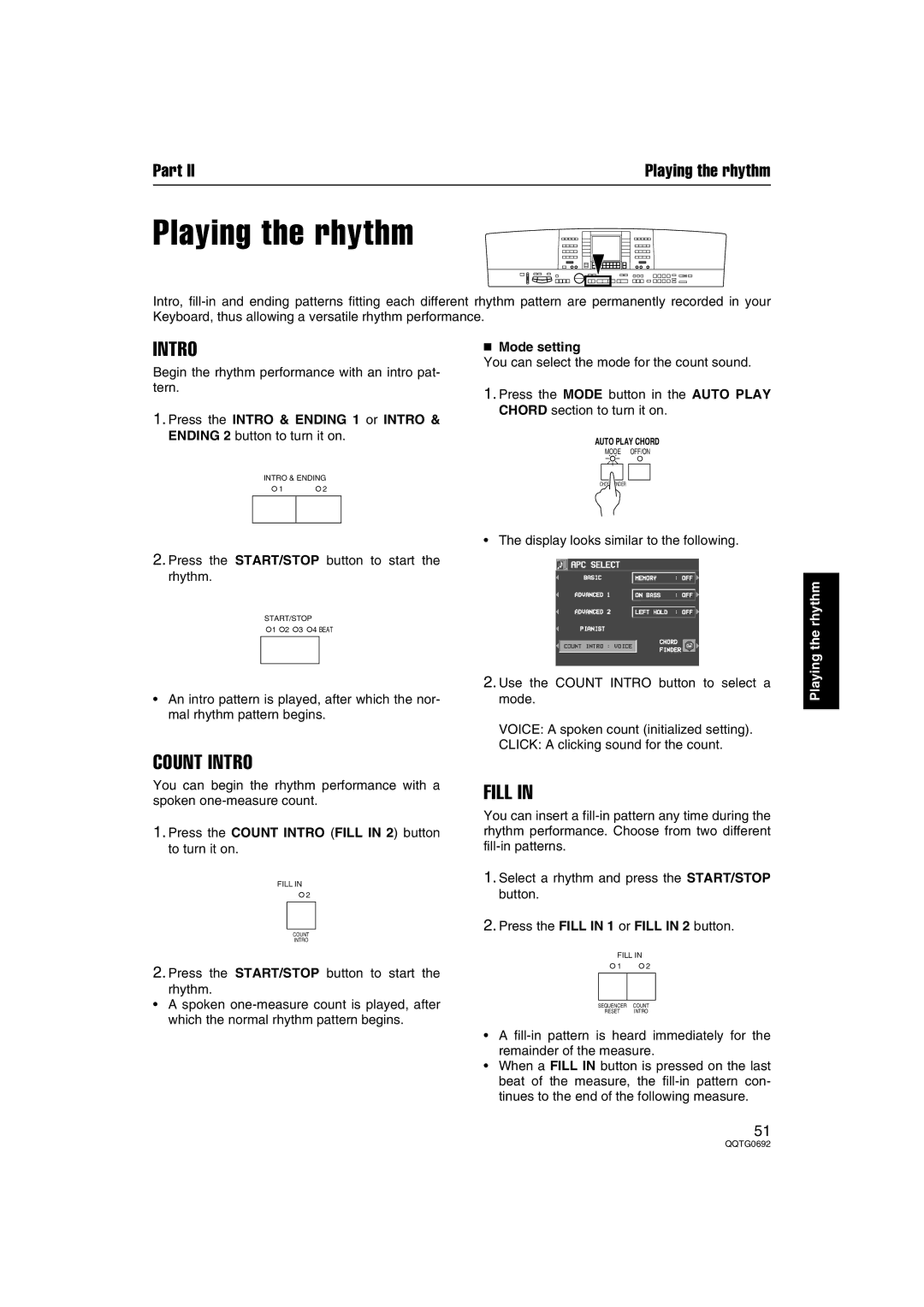 Panasonic SX-KN2400, SX-KN2600 manual Playing the rhythm, Count Intro, Fill 