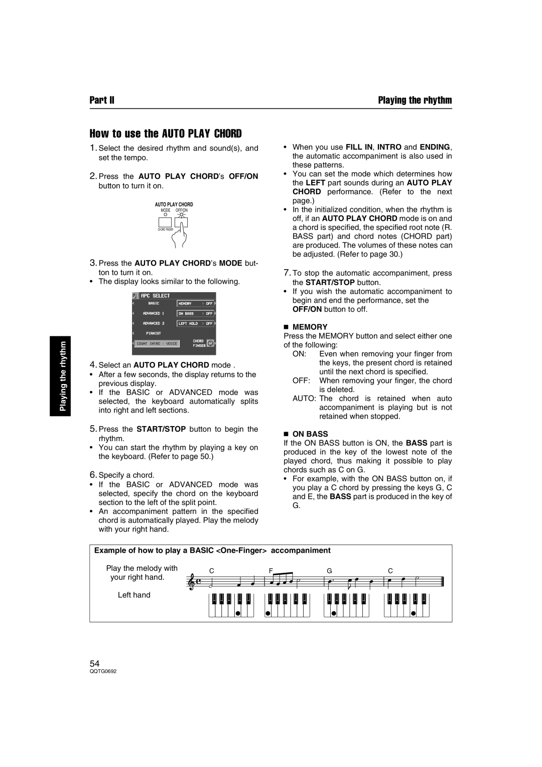 Panasonic SX-KN2600, SX-KN2400 manual How to use the Auto Play Chord, Press the Auto Play CHORD’s Mode but, Memory, On Bass 