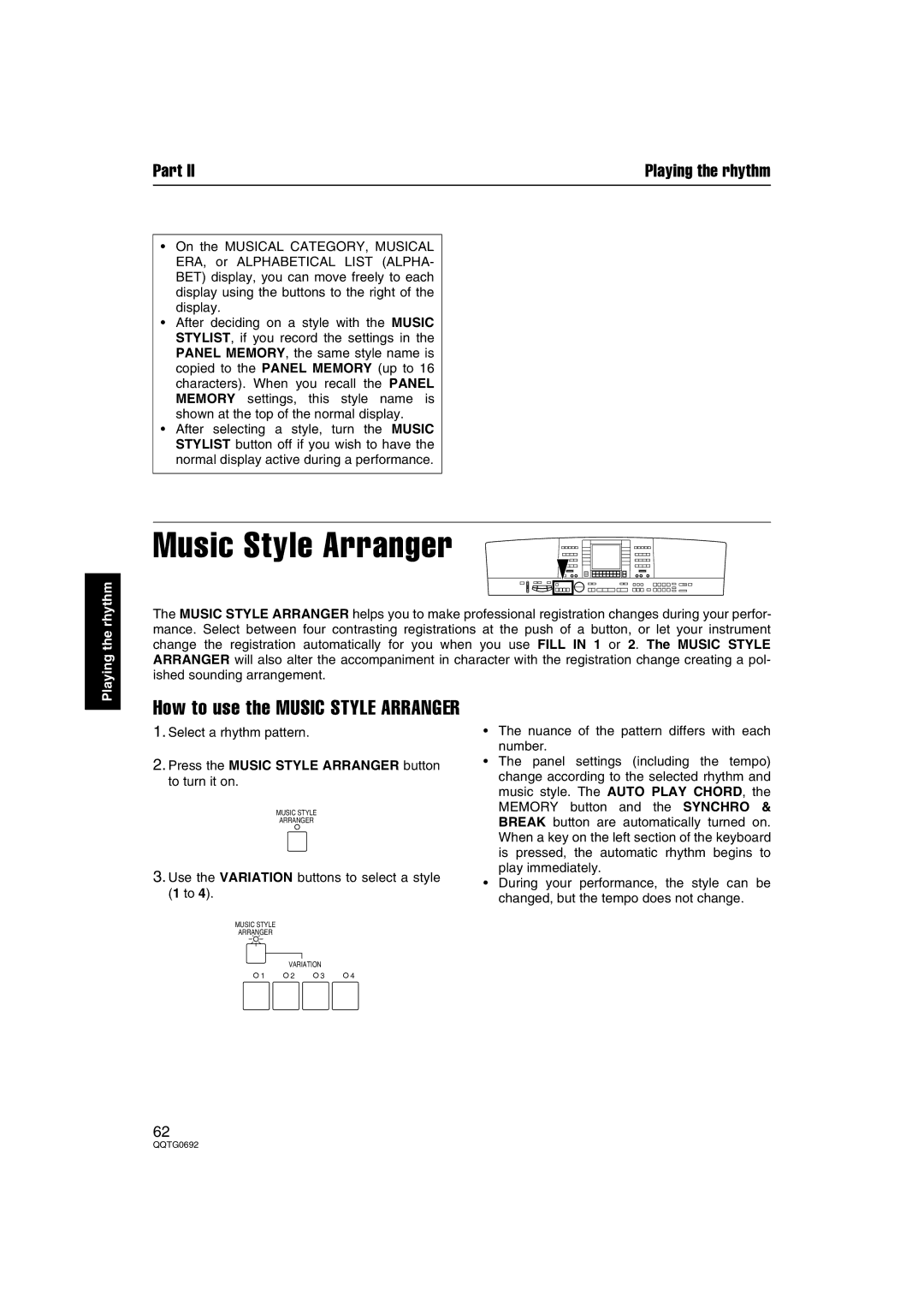 Panasonic SX-KN2600, SX-KN2400 manual Press the Music Style Arranger button to turn it on 