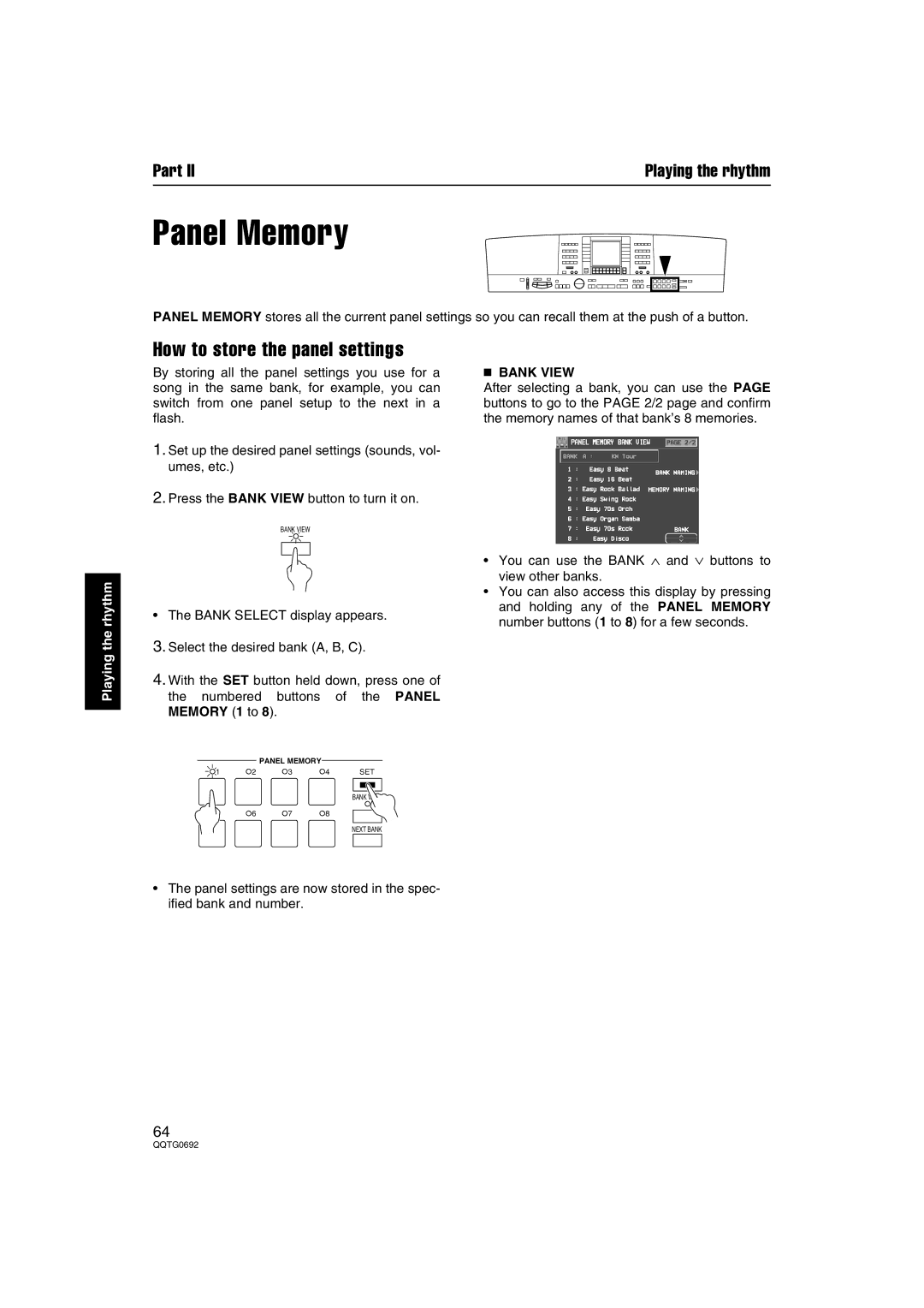 Panasonic SX-KN2600, SX-KN2400 manual Panel Memory, How to store the panel settings, Bank View 