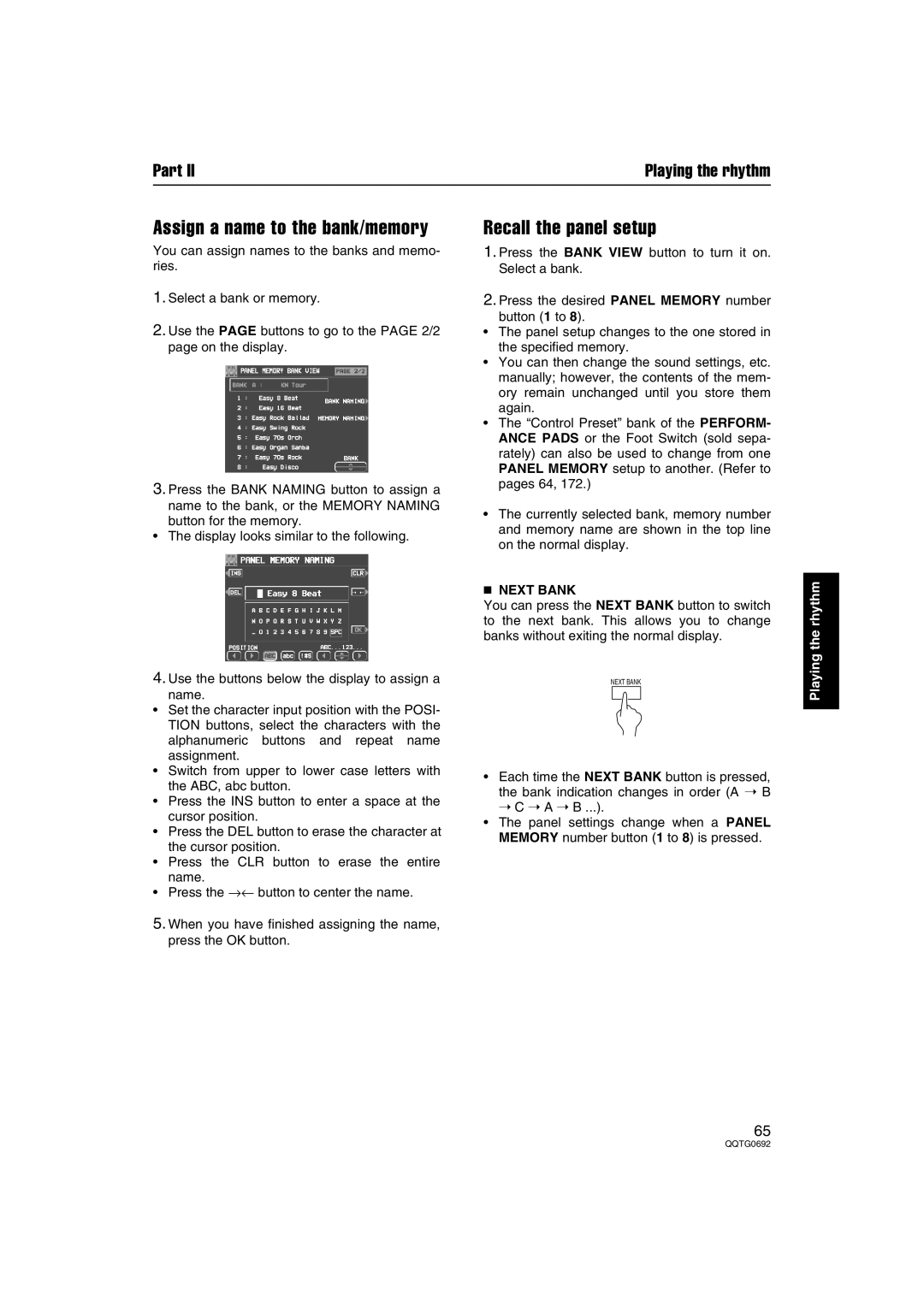 Panasonic SX-KN2400, SX-KN2600 manual Assign a name to the bank/memory, Recall the panel setup, Next Bank 