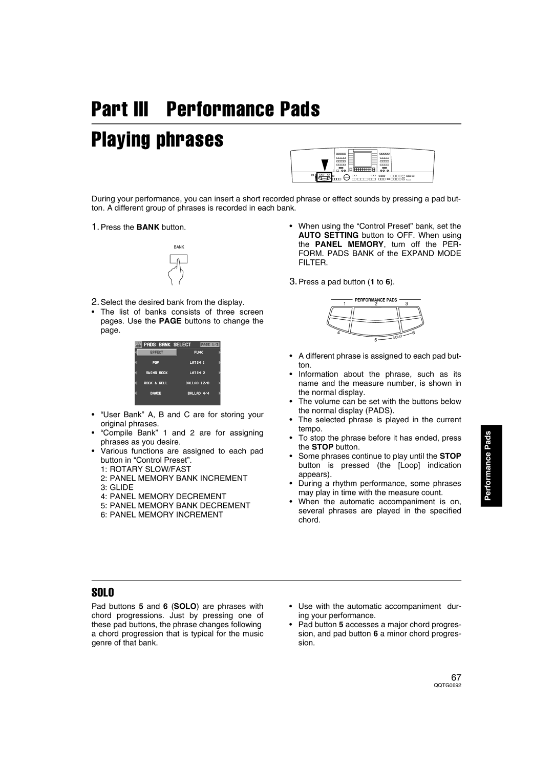 Panasonic SX-KN2400, SX-KN2600 manual Part III Performance Pads Playing phrases, Solo 