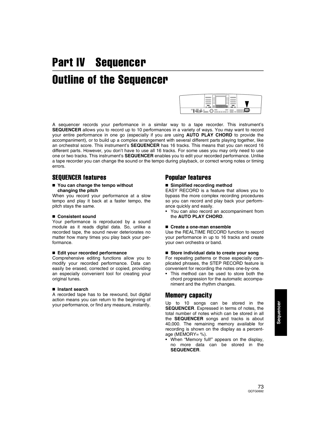 Panasonic SX-KN2400 Part IV Sequencer Outline of the Sequencer, Sequencer features, Popular features, Memory capacity 