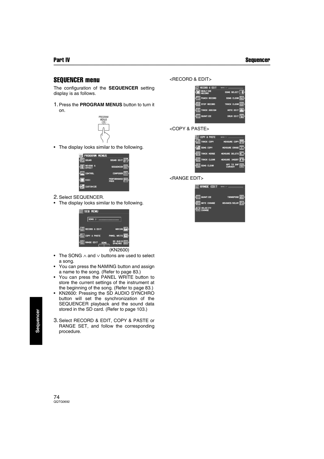 Panasonic SX-KN2600, SX-KN2400 manual Sequencer menu, Record & Edit, Copy & Paste, Range Edit 