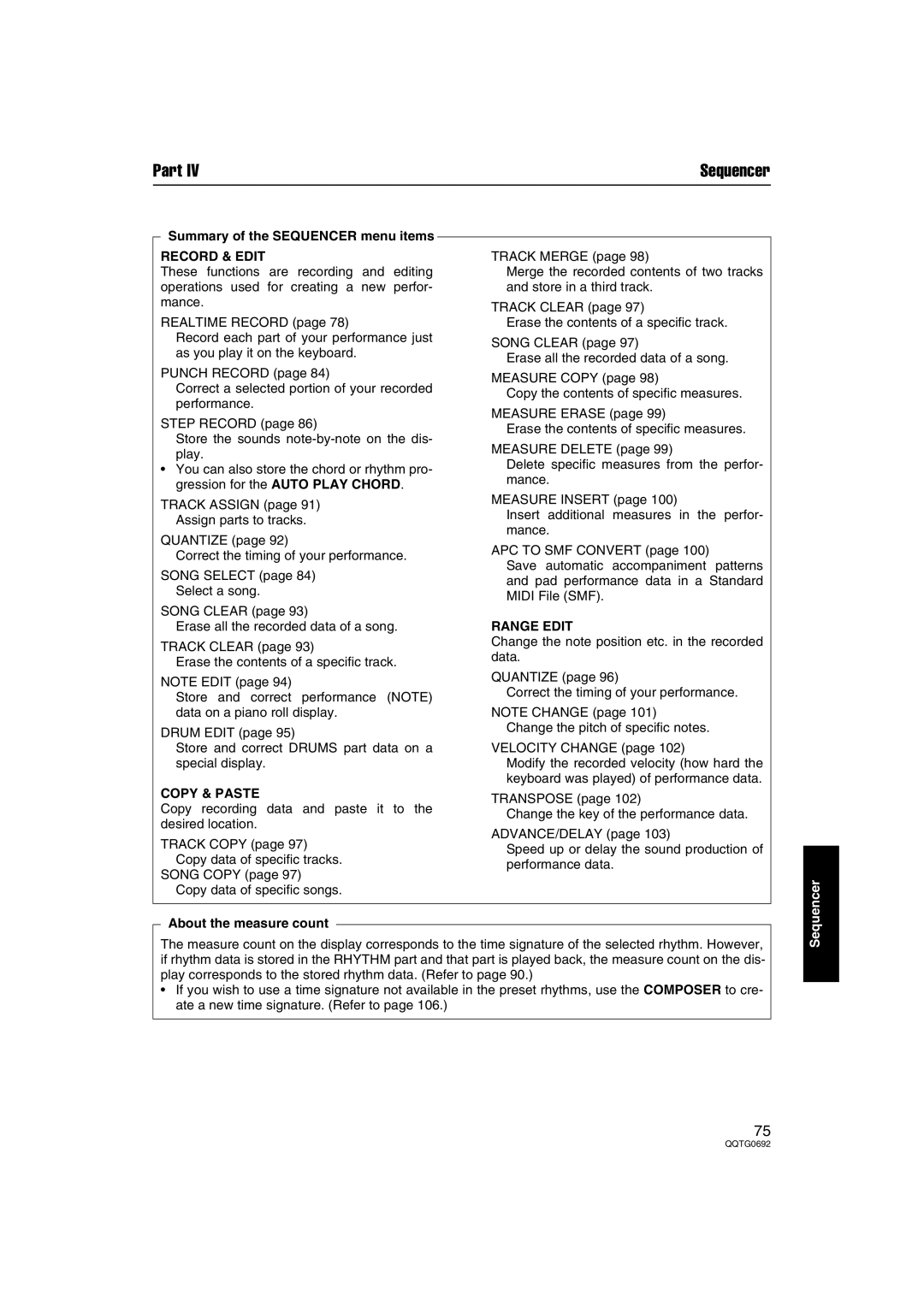 Panasonic SX-KN2400 Summary of the Sequencer menu items, Record & Edit, Copy & Paste, Range Edit, About the measure count 