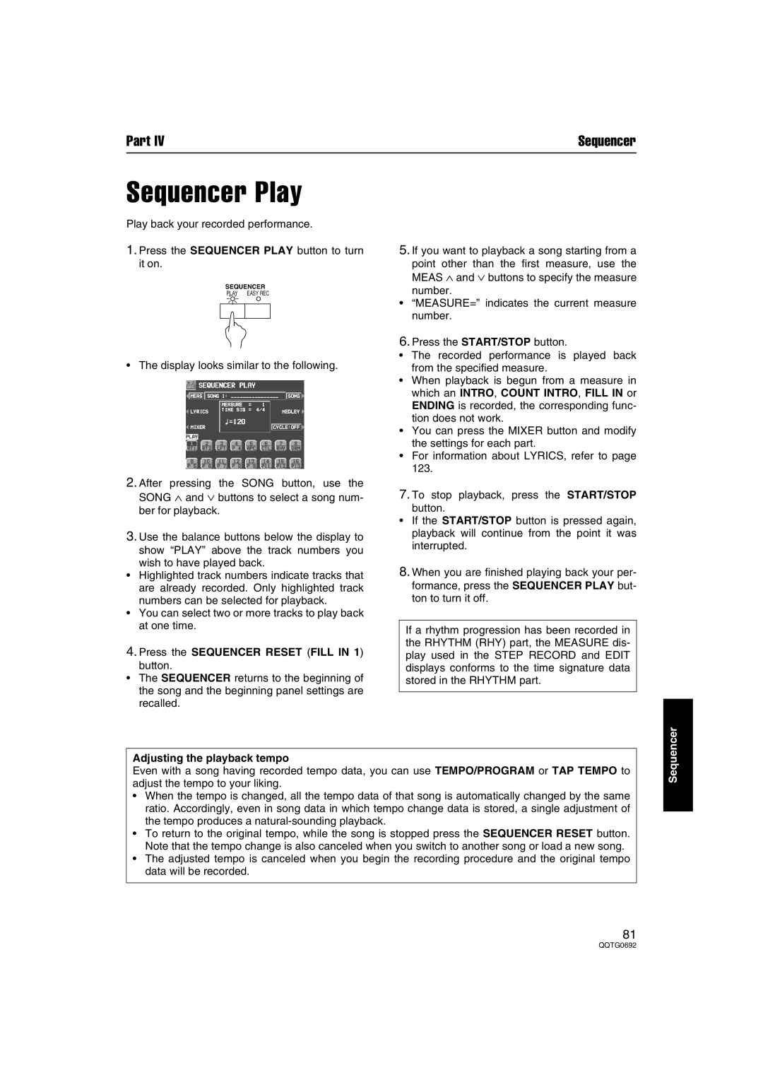 Panasonic SX-KN2400, SX-KN2600 manual Sequencer Play, Adjusting the playback tempo 