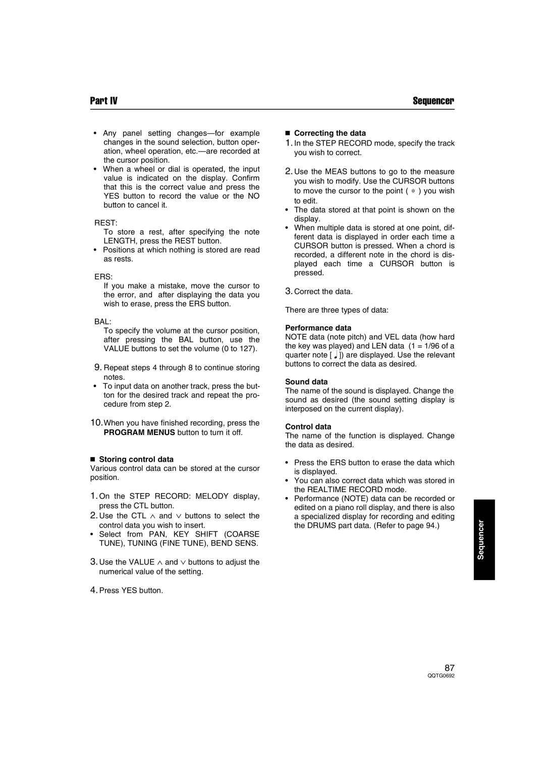 Panasonic SX-KN2400, SX-KN2600  Storing control data,  Correcting the data, Performance data Sound data, Control data 