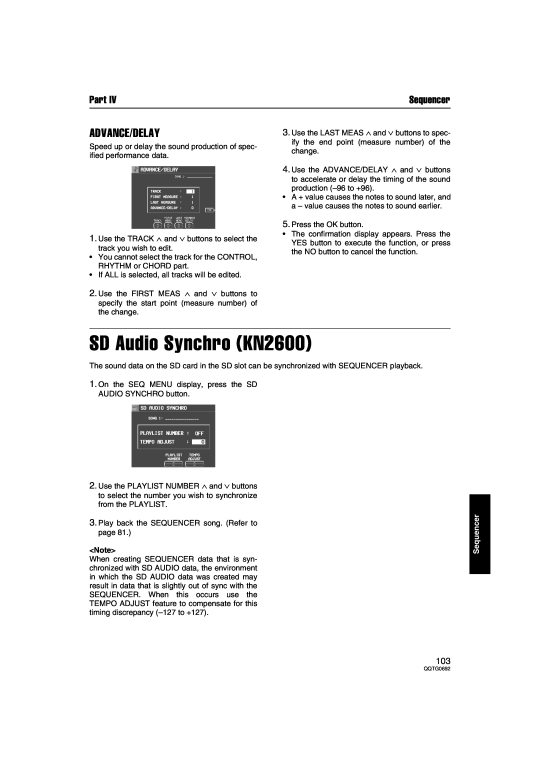 Panasonic SX-KN2400, SX-KN2600 manual SD Audio Synchro KN2600, Advance/Delay, Sequencer, Part 