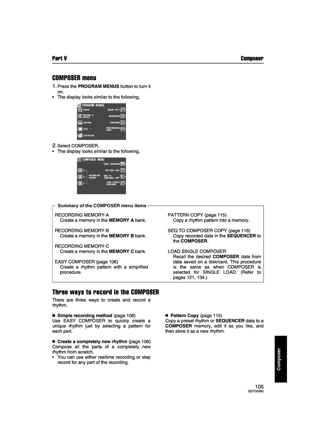 Panasonic SX-KN2400 manual Three ways to record in the COMPOSER, Composer, Summary of the COMPOSER menu items, Part 