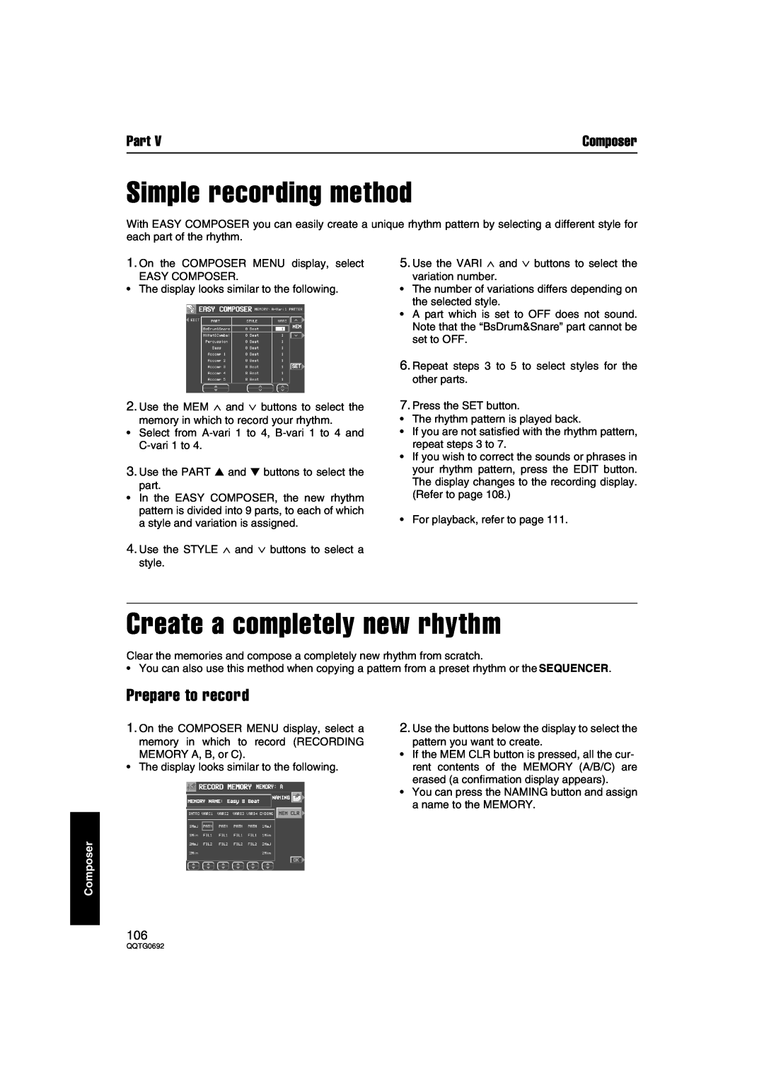 Panasonic SX-KN2600, SX-KN2400 Simple recording method, Create a completely new rhythm, Prepare to record, Part, Composer 