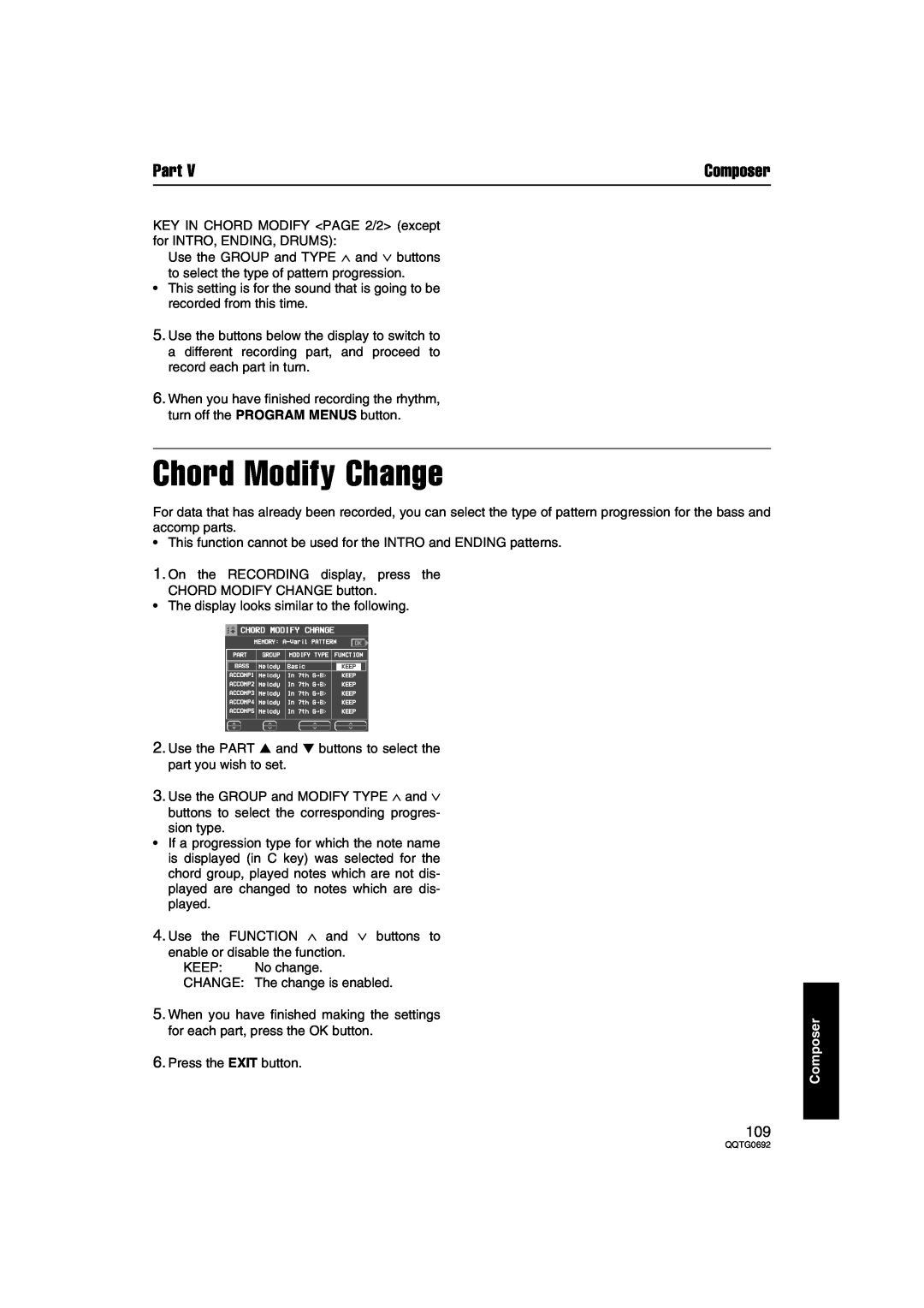Panasonic SX-KN2400, SX-KN2600 manual Chord Modify Change, Part, Composer 