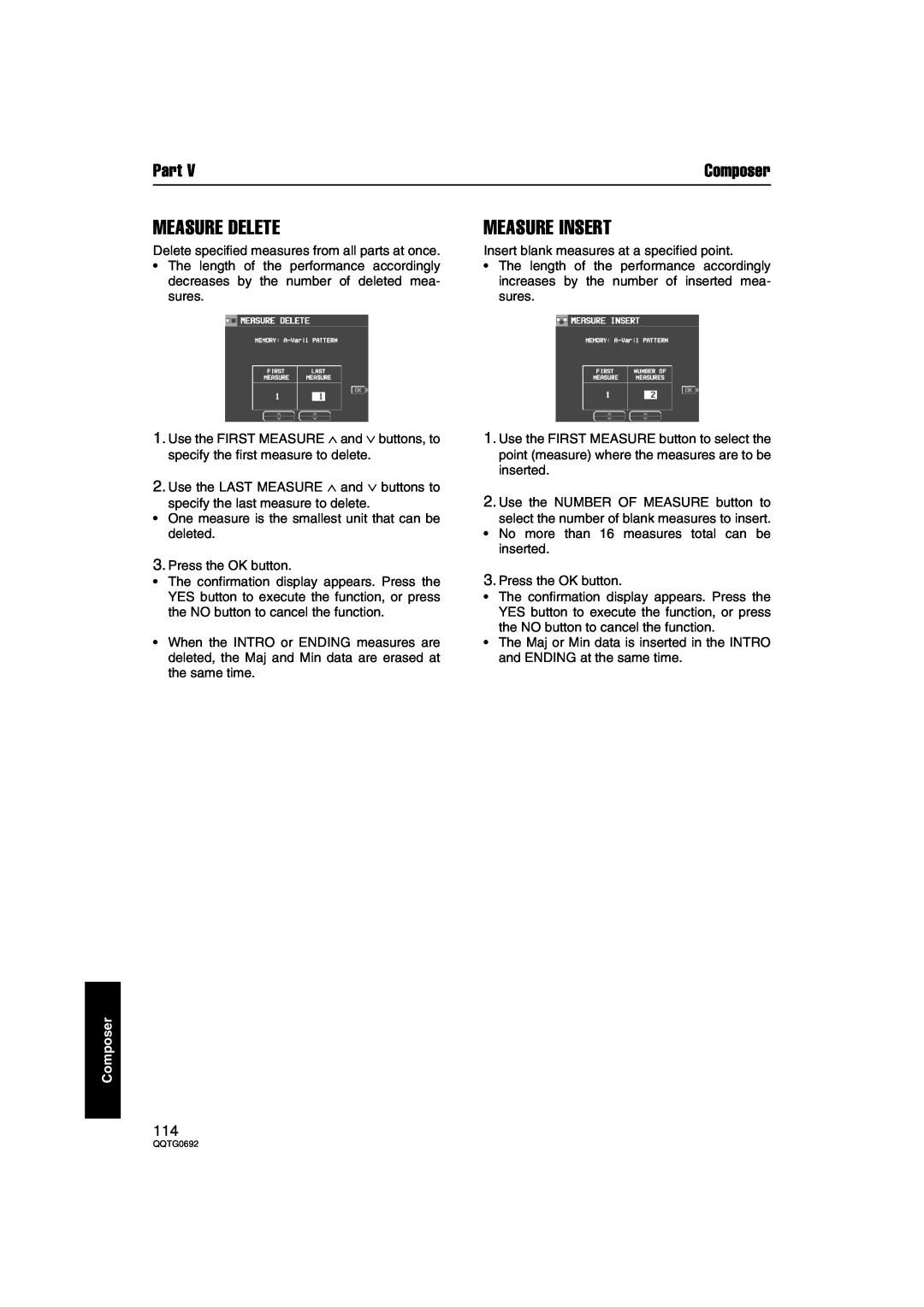 Panasonic SX-KN2600, SX-KN2400 manual Measure Delete, Measure Insert, Part, Composer 