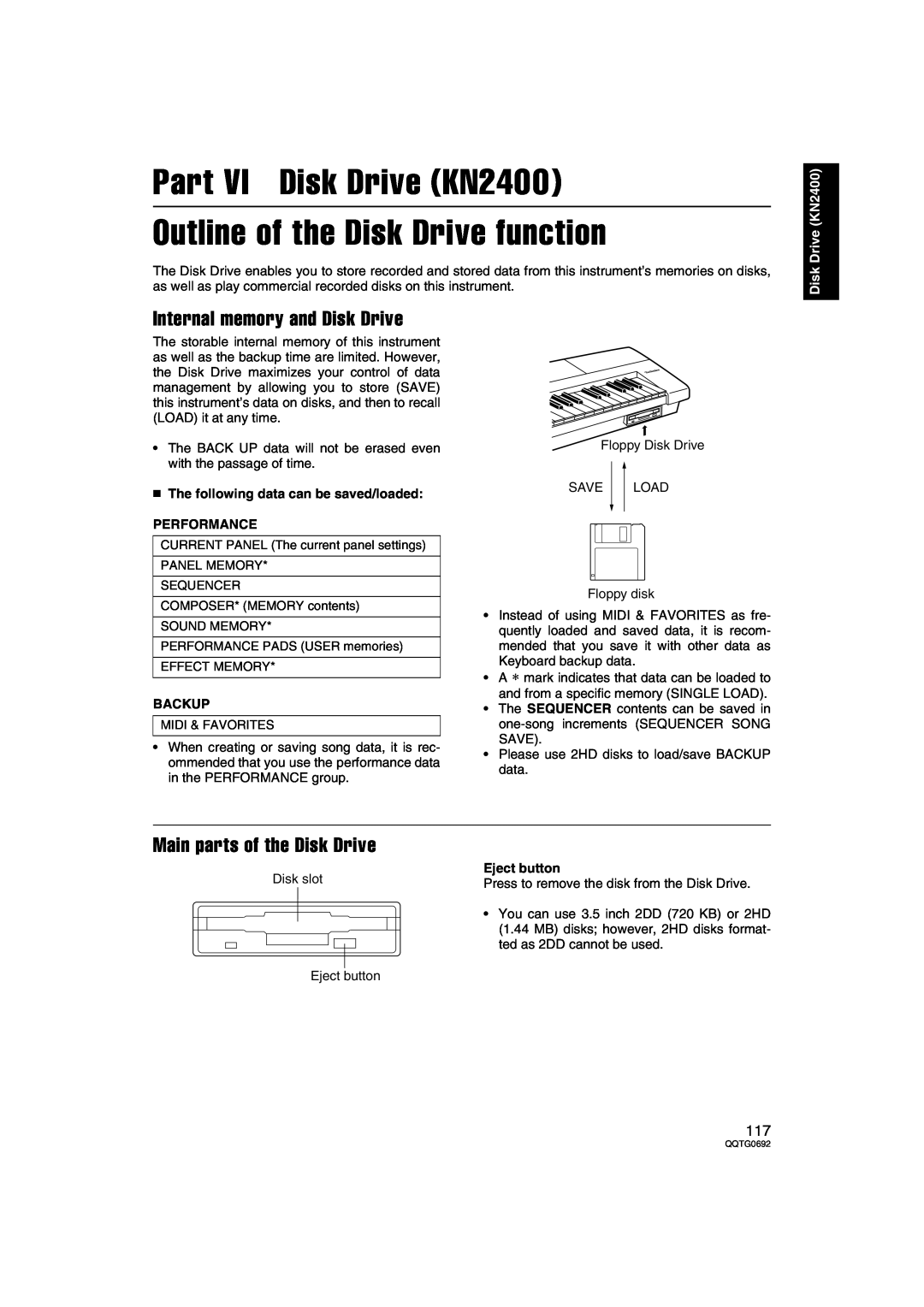Panasonic SX-KN2400 Part VI Disk Drive KN2400 Outline of the Disk Drive function, Internal memory and Disk Drive, Backup 