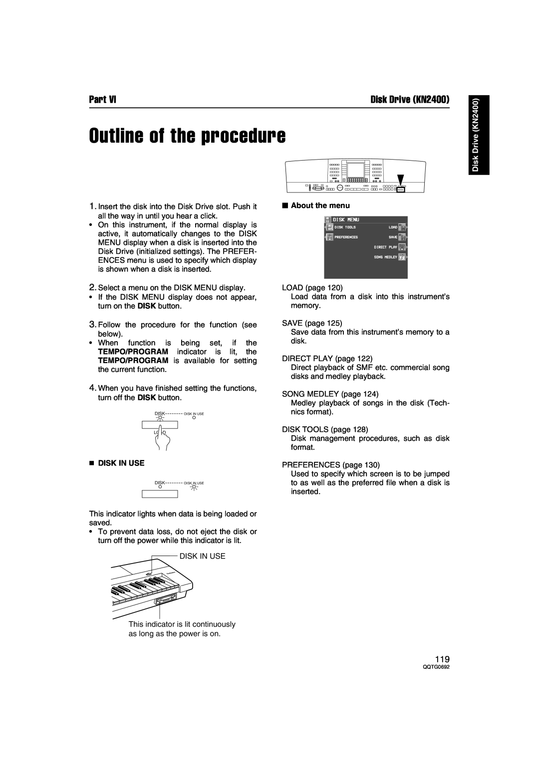 Panasonic SX-KN2400, SX-KN2600 manual Outline of the procedure, Disk In Use, About the menu, Part, Disk Drive KN2400 