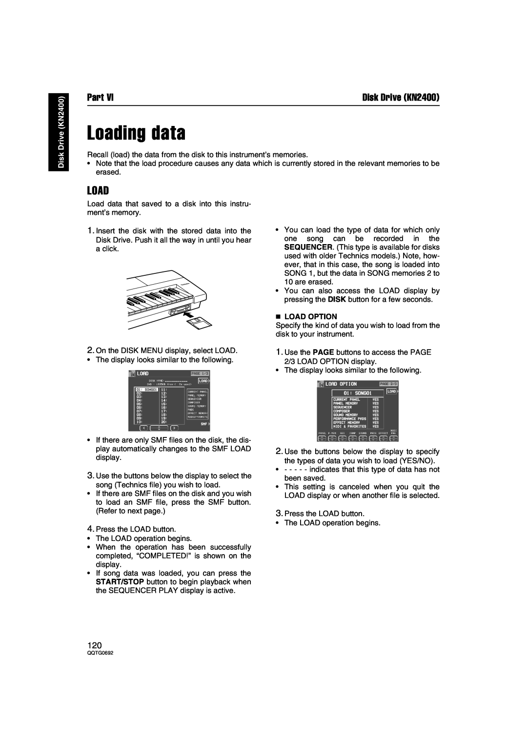 Panasonic SX-KN2600, SX-KN2400 manual Loading data, Load Option, Part, Disk Drive KN2400 