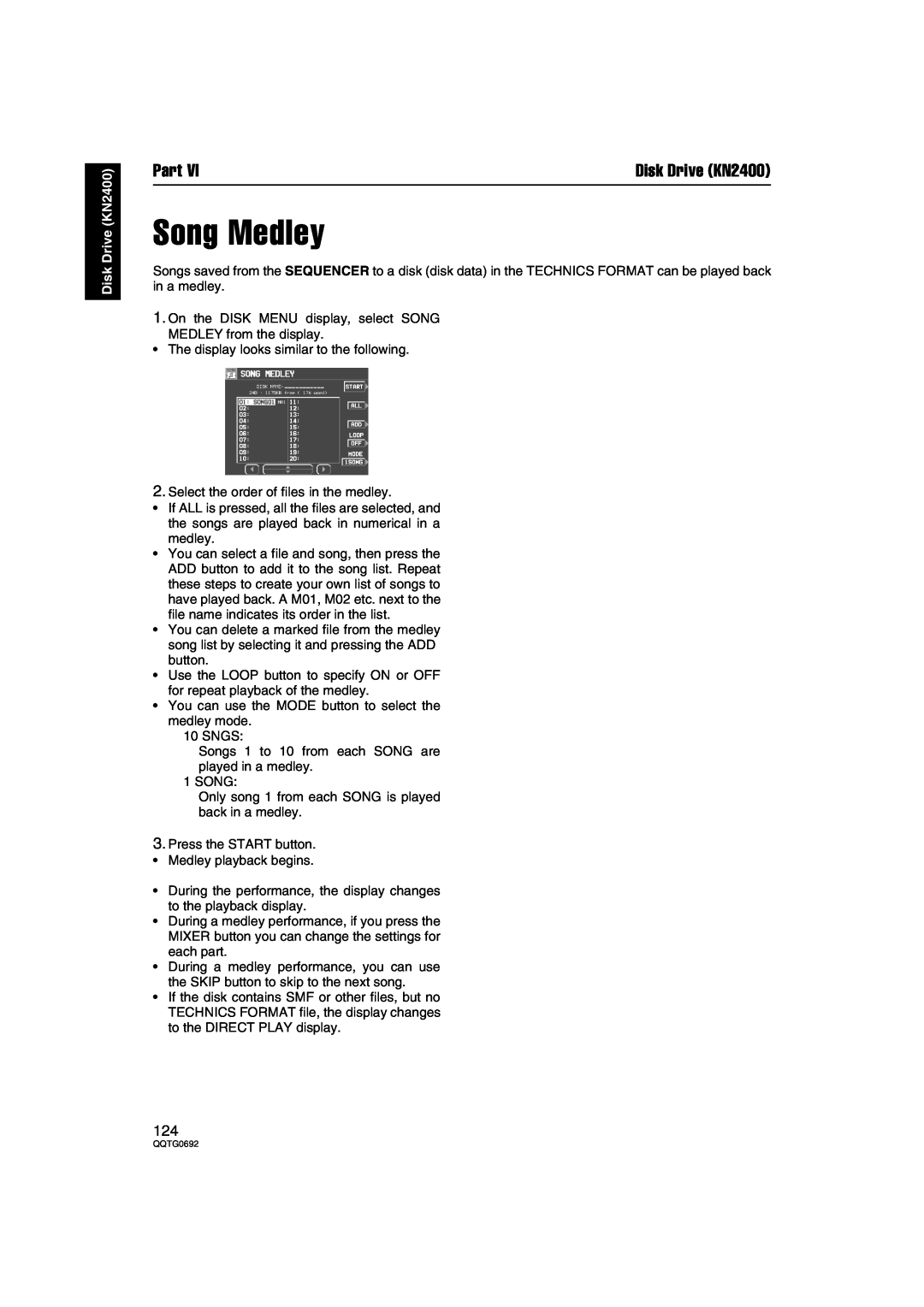 Panasonic SX-KN2600, SX-KN2400 manual Song Medley, Part, Disk Drive KN2400 